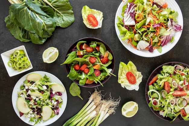 Plates with assorted salads