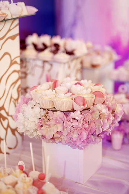 Plates with pink and white sweets stand on cubes with hydrangeas