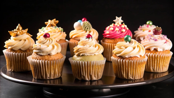 Free Photo a platter of eight decorated cupcakes featuring a variety of colorful frostings and sprinkles