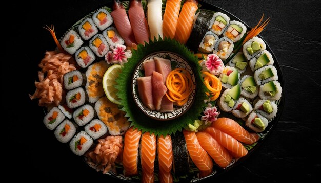 A platter of sushi is displayed at a restaurant.