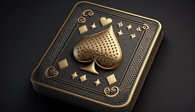 Play card icon traditional embroidery play card symbols poker chip dices and ace Black and golden isolated on the dark background Generative Ai