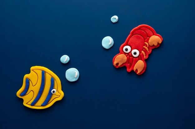 Playdough art with crab and fish