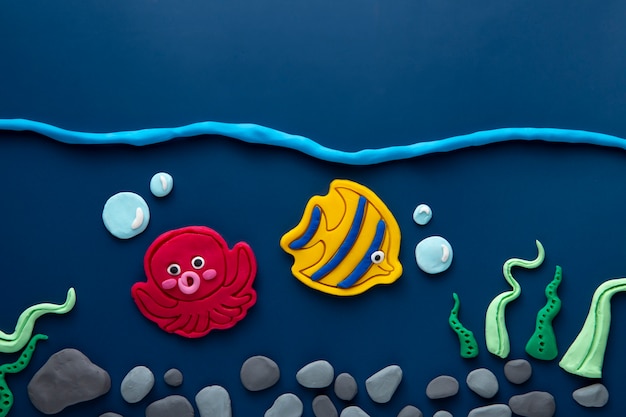 Playdough art with octopus and fish