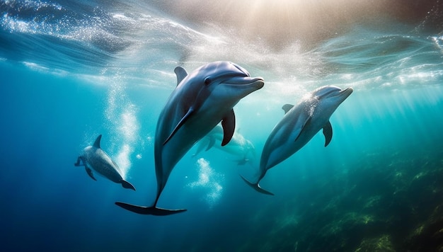 Free photo playful bottle nosed dolphin jumping in tropical waters generated by ai