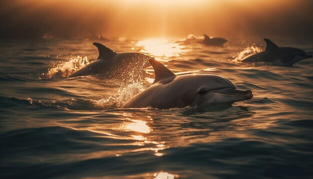 Playful bottle nosed dolphin splashing in tranquil sea generated by AI