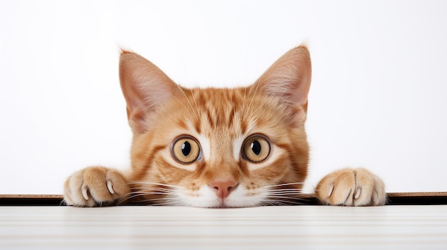 A playful cat peeking from behind a white surface