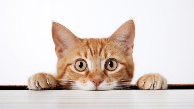 A playful cat peeking from behind a white surface