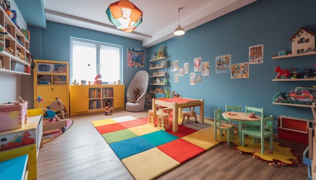 Игривая детская игровая комната с современным дизайном и ярким декором, созданным искусственным интеллектом