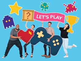 Free photo playful diverse people holding gaming icons