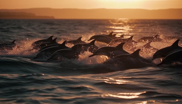 Foto gratuita giocosi delfini che sguazzano nelle onde del tramonto generate dall'intelligenza artificiale