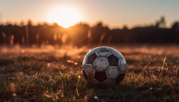 AI が生成した屋外の芝生のフィールドで日没時にサッカーをする