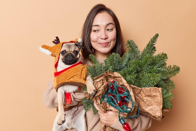 Pleased Asian woman prepares for New Year poses with pedigree pug dog dressed in winter clothes spruce branches and retro garland for decoration poses against brown background. Holidays are coming