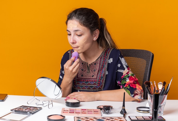 मुफ़्त फोटो pleased young brunette girl sitting at table with makeup tools applying foundation with sponge looking at mirror 