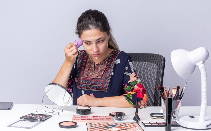 मुफ़्त फोटो pleased young brunette girl sitting at table with makeup tools applying tonal cream with sponge looking at mirror 
