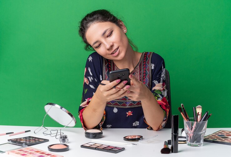 मुफ़्त फोटो pleased young brunette girl sitting at table with makeup tools holding and looking at phone isolated on green wall with copy space