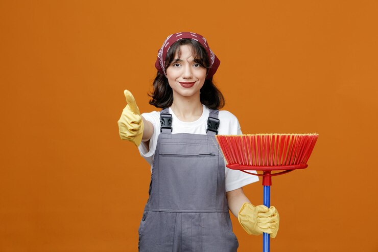무료 Photo 고무 장갑을 끼고 고무장갑을 끼고 스퀴지 걸레를 들고 있는 반다나를 들고 주황색 배경에 고립된 엄지손가락을 내밀고 있는 카메라를 바라보며 기뻐하는 젊은 여성 청소부