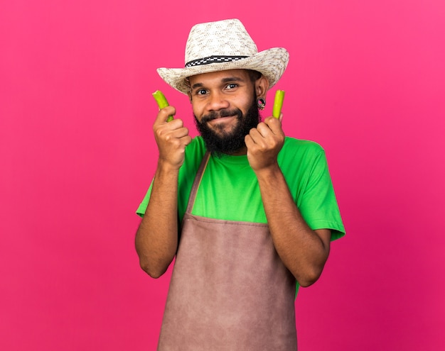 Pleased young gardener afro-american guy wearing gardening hat holding broke pepper 