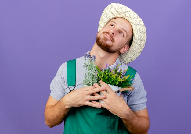 Довольный молодой красивый славянский садовник в униформе и шляпе держит цветочные горшки, глядя вверх, погружаясь в мечты, изолированные на фиолетовой стене с копией пространства