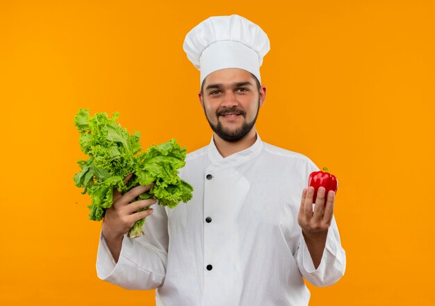 Pleased young male cook in chef uniform holding pepper and lettuce isolated on orange space