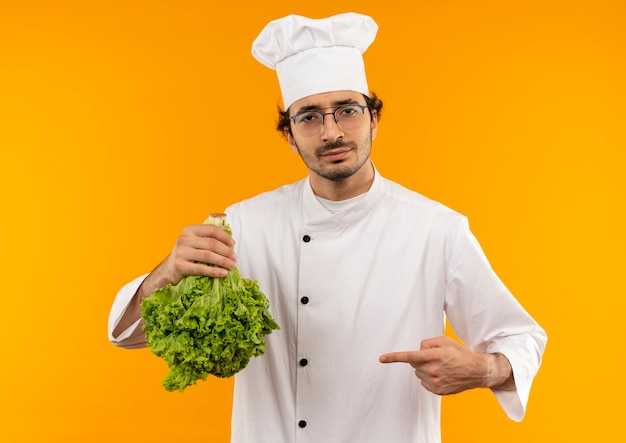 Pleased young male cook wearing chef uniform and glasses holding and points to salad isolated on yellow wall