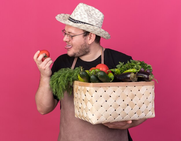 Pleased young male gardener wearing gardening hat holding vegetable basket and looking at tomato in his hand isolated on pink wall