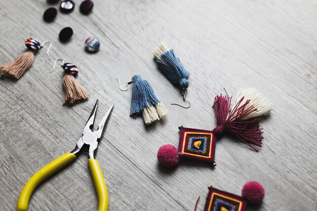 Pliers near thread earrings