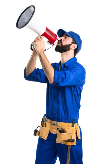 Plumber shouting by megaphone