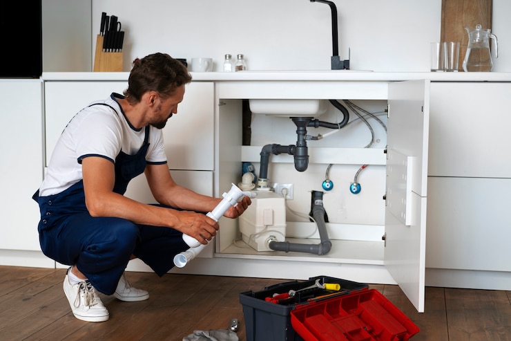 A professional plumber is inspecting the waterline