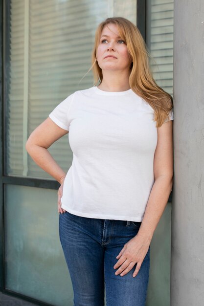 Plus size t-shirt white basic women's casual wear outdoor shoot