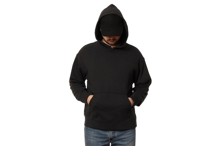 無料Photo 白い背景に隔離された黒いフードのスウェットシャツを着たpngaの男