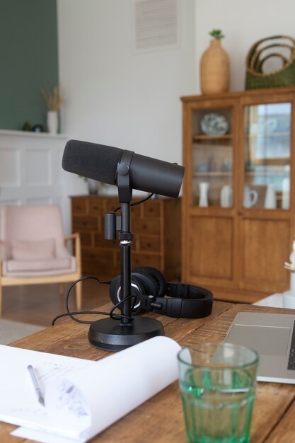 Podcast equipment on table indoors