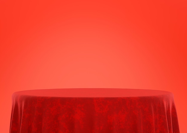 Подиум, покрытый красной тканью, цилиндрический пьедестал, фон дисплея продукта, 3D иллюстрация, пустая презентация сцены дисплея для размещения продукта