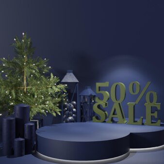 Podium display for products with 50 percent discount in christmas festival eve