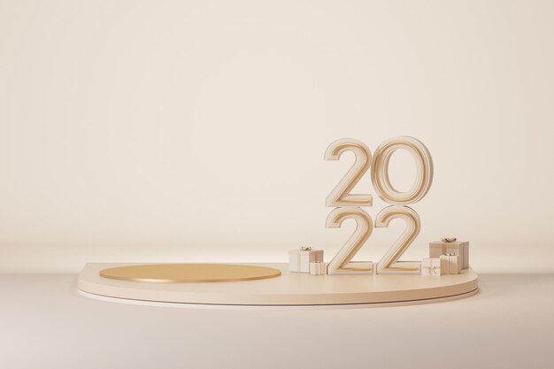 Podium gift box and numbers 2022 on pastel background for christmas happy new year 3d render