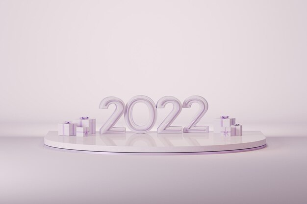 Podium gift box and numbers 2022 on pastel purple background for christmas happy new year 3d render