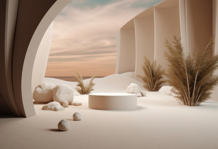 Free Photo podium on sand background display with sunshade and shadow on the background for cosmetic perfume fa
