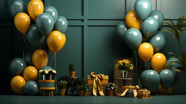 podium stage of green and yellow balloons and promotional product