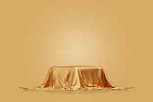 Free photo podium with golden fabric placed on top luxury premium pedestal elegance background for product presentation backdrop empty scene 3d