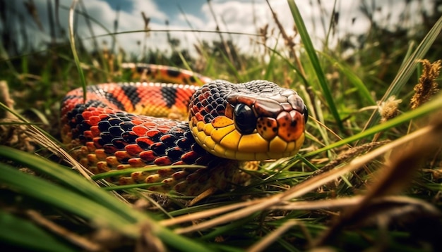 Poisonous viper crawls through grass in forest generated by AI