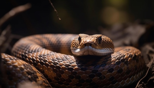 Poisonous viper slithers on branch in forest generated by AI