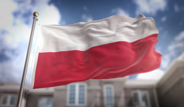 Poland flag 3d rendering on blue sky building background