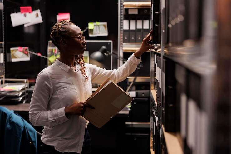 Free Photo police investigator searching crime case file in records storage
