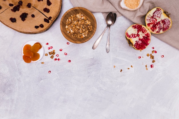 Pomegranate and dried fruit flat lay