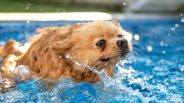 Pomeranian with yellow fur swimming in a pool