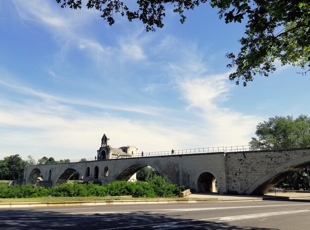 프랑스의 햇빛 아래 강과 녹지로 둘러싸인 Pont d' Avignon