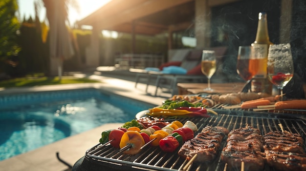 Free photo a poolside barbecue party with sizzling grills delicious aromas and casual summer vibes