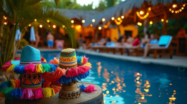 Foto gratuita una festa a bordo piscina a tema messicano con pinatas sombreros e pista da ballo di salsa