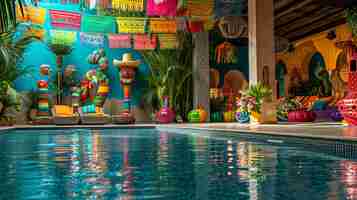 Free photo a poolside fiesta with a mexican theme featuring pinatas sombreros and a salsa dance floor