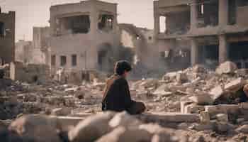 Бесплатное фото Бедный человек сидит на руинах разрушенного здания в пустыне.