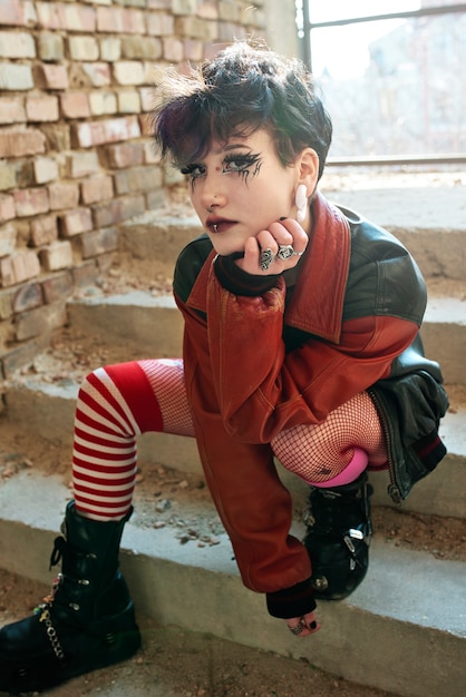 Foto gratuita ritratto estetico punk pop di donna in posa all'interno di un edificio sulle scale